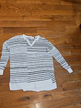 CAbi Black & White Striped V-Neck Top